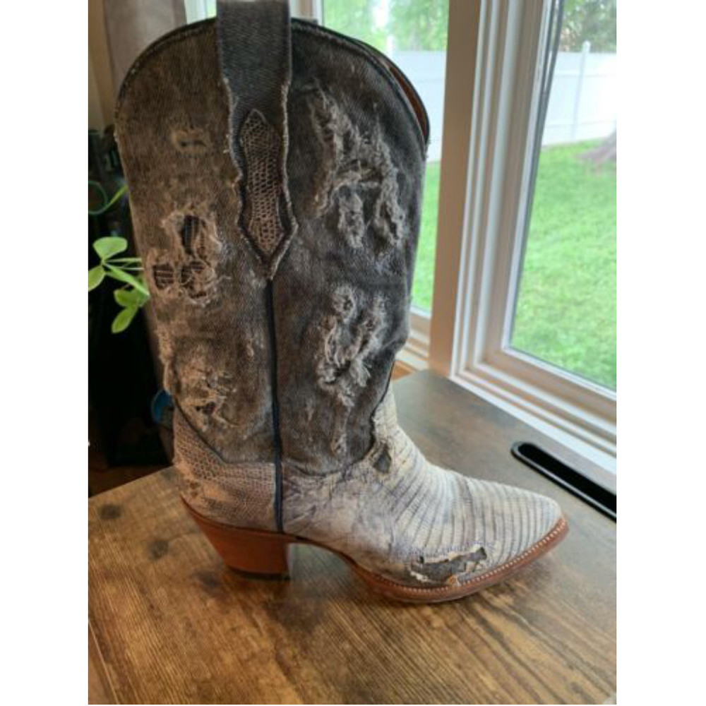 Dan Post Women’s Denim And Lizard Distressed Cowboy Boots Size 7.5 - Picture 3 of 15